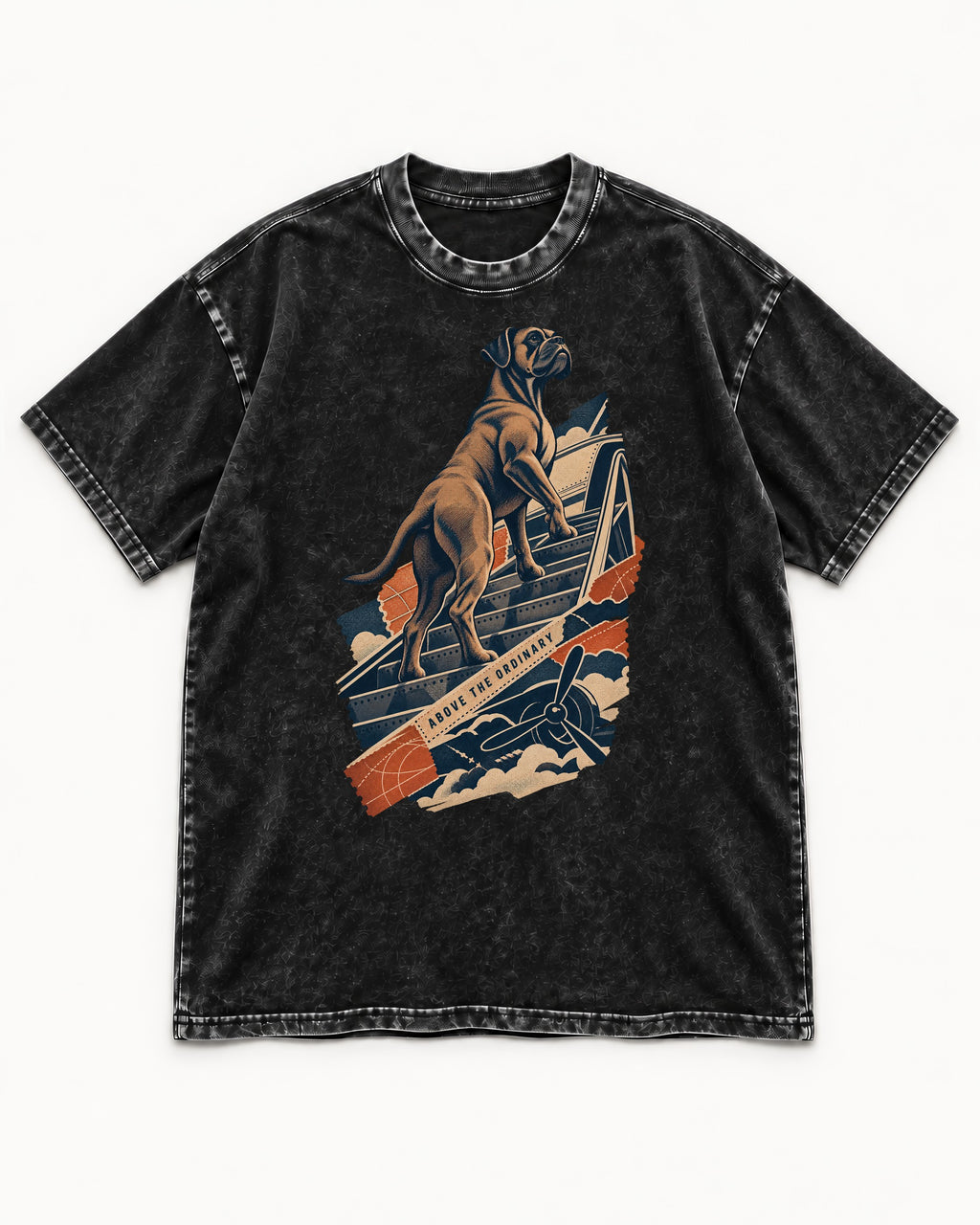 Above the Ordinary Boxer Aviation Graphic Washed Tee in Black, flat lay product photo