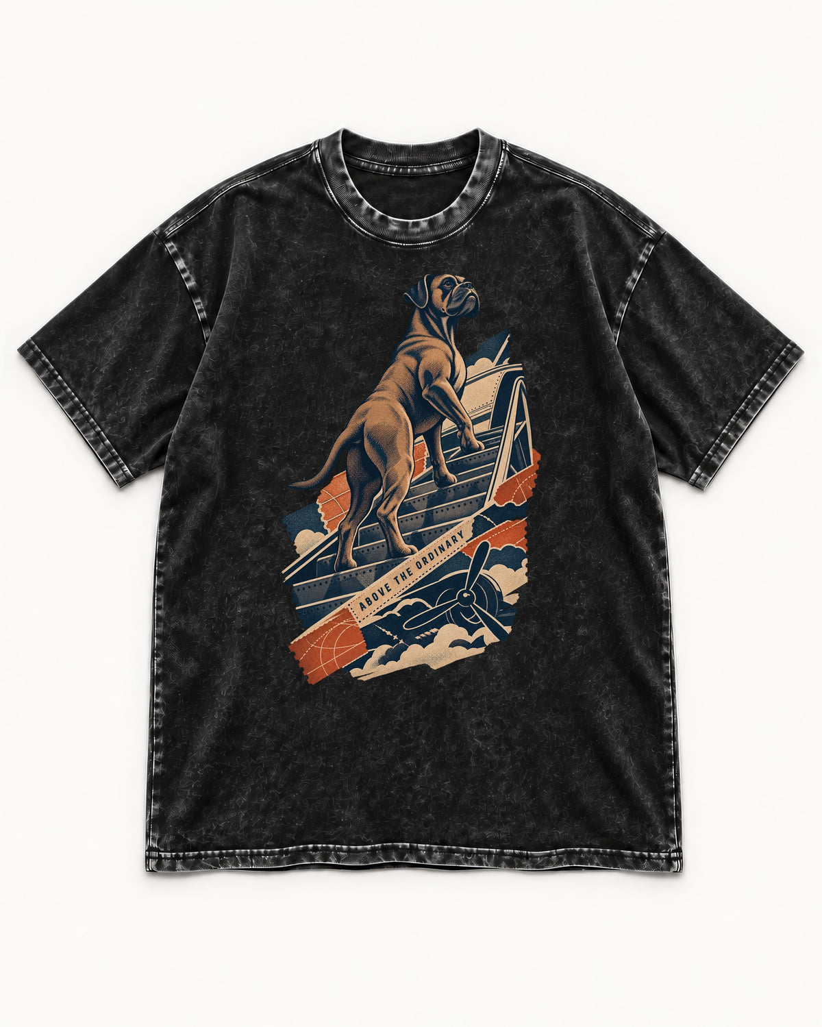 Above the Ordinary Boxer Aviation Graphic Washed Tee in Black, flat lay product photo