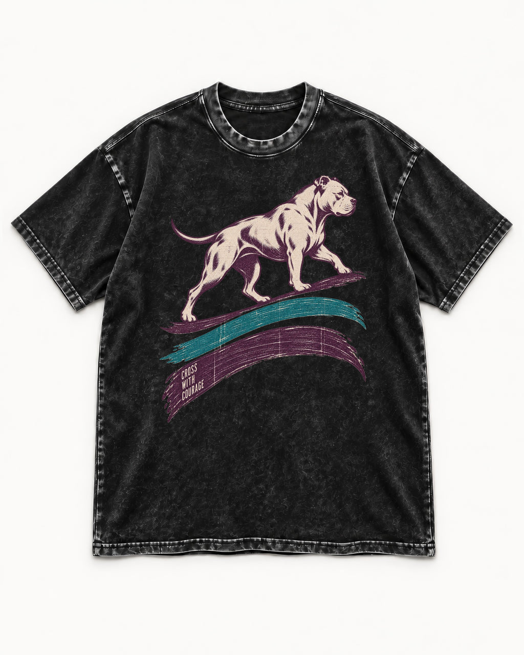 Pitbull Cross with Courage Brushstroke Graphic Washed Tee in Black, flat lay product photo