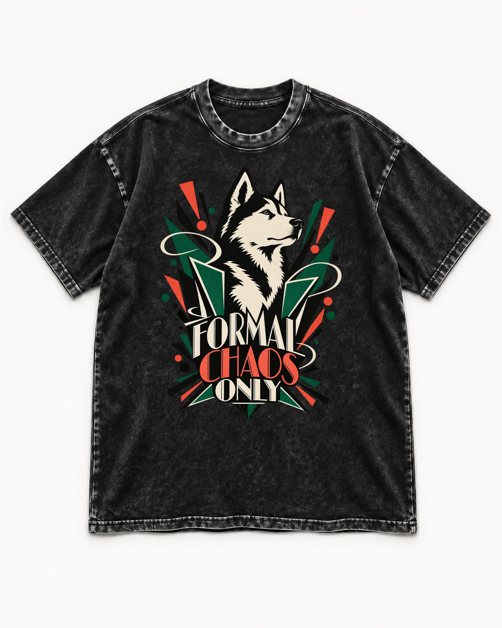 Husky Formal Chaos Only Art Deco Portrait Graphic Washed Tee in Black, flat lay product photo