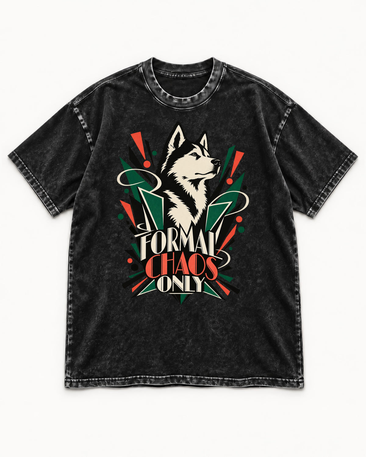 Husky Formal Chaos Only Art Deco Portrait Graphic Washed Tee in Black, flat lay product photo