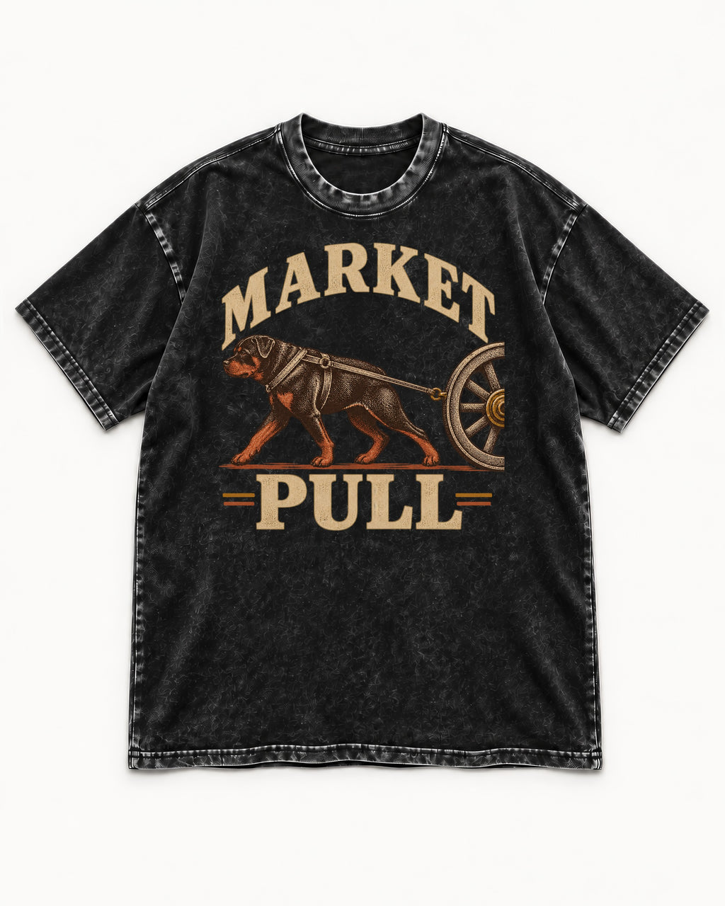 Market Pull Rottweiler Cart Harness Graphic Washed Tee in Black, flat lay product photo