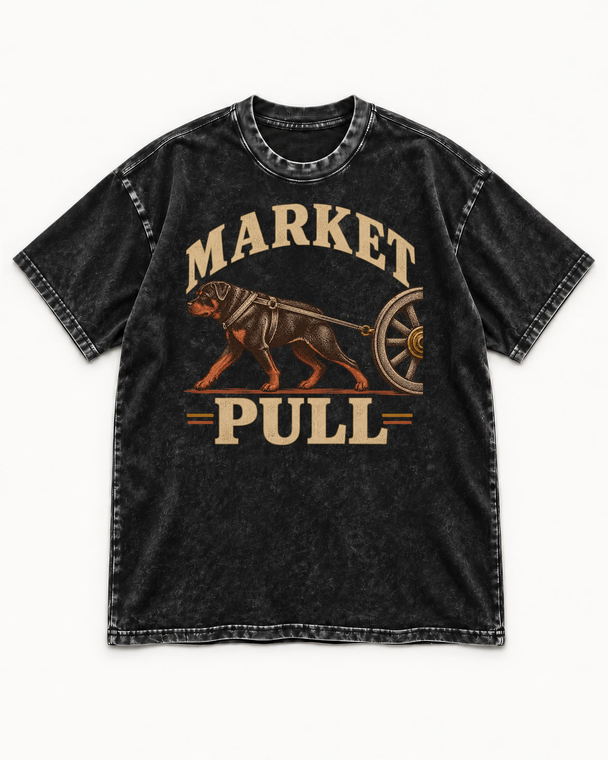Market Pull Rottweiler Cart Harness Graphic Washed Tee in Black, flat lay product photo