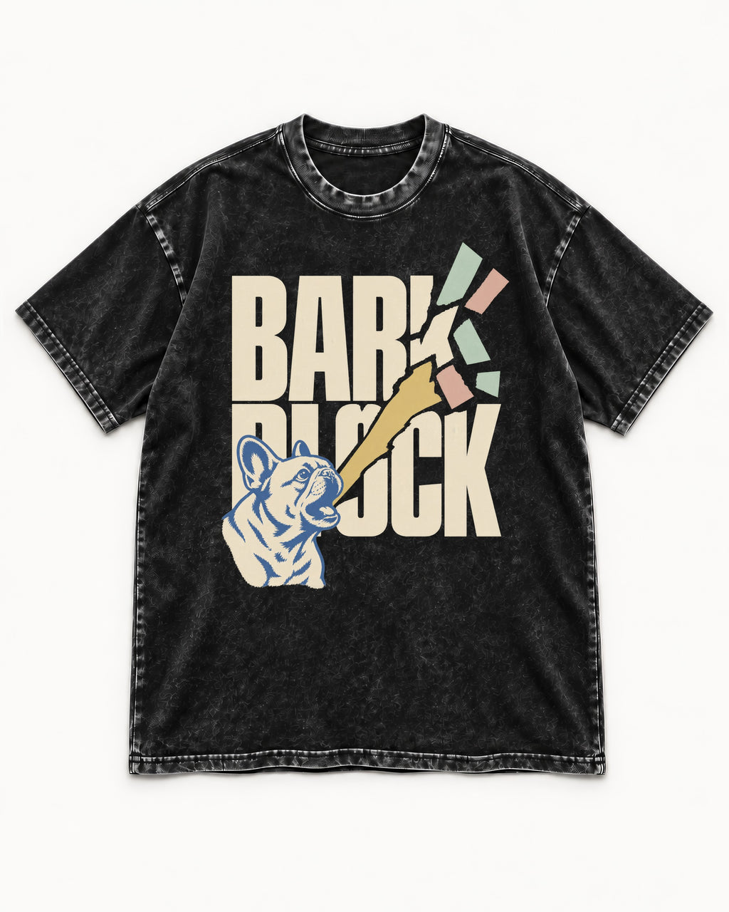 Frenchie Bark Breaks Bark Block Graphic Washed Tee in Black, flat lay product photo