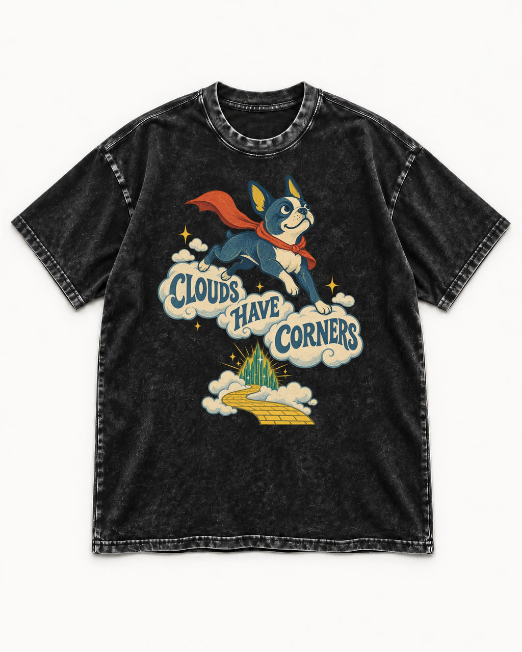 Clouds Have Corners Boston Terrier Washed Tee in Black, flat lay product photo