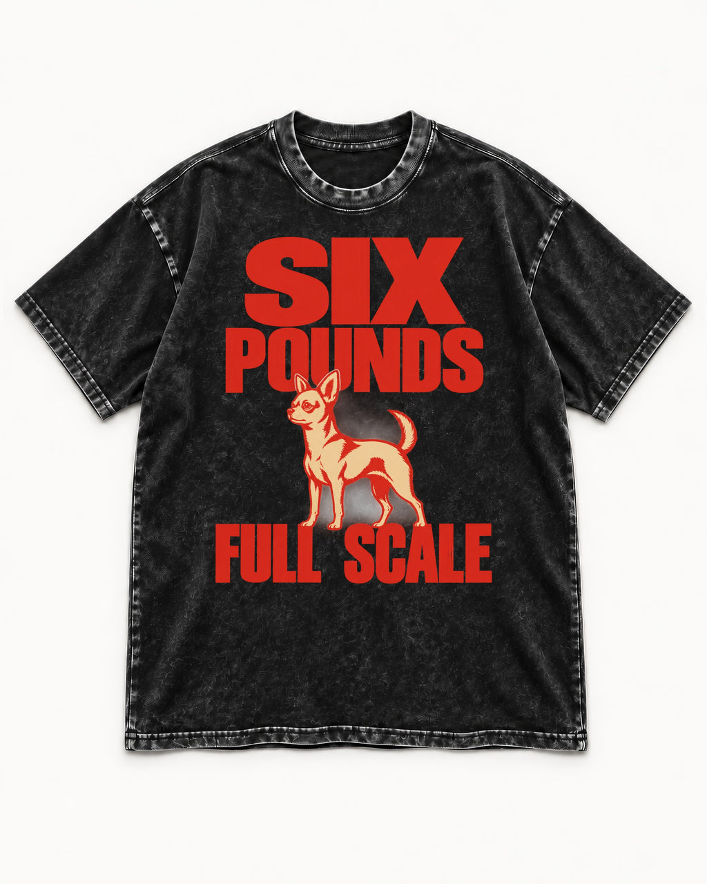 Chihuahua Six Pounds Full Scale Typographic Graphic Washed Tee in Black, flat lay product photo