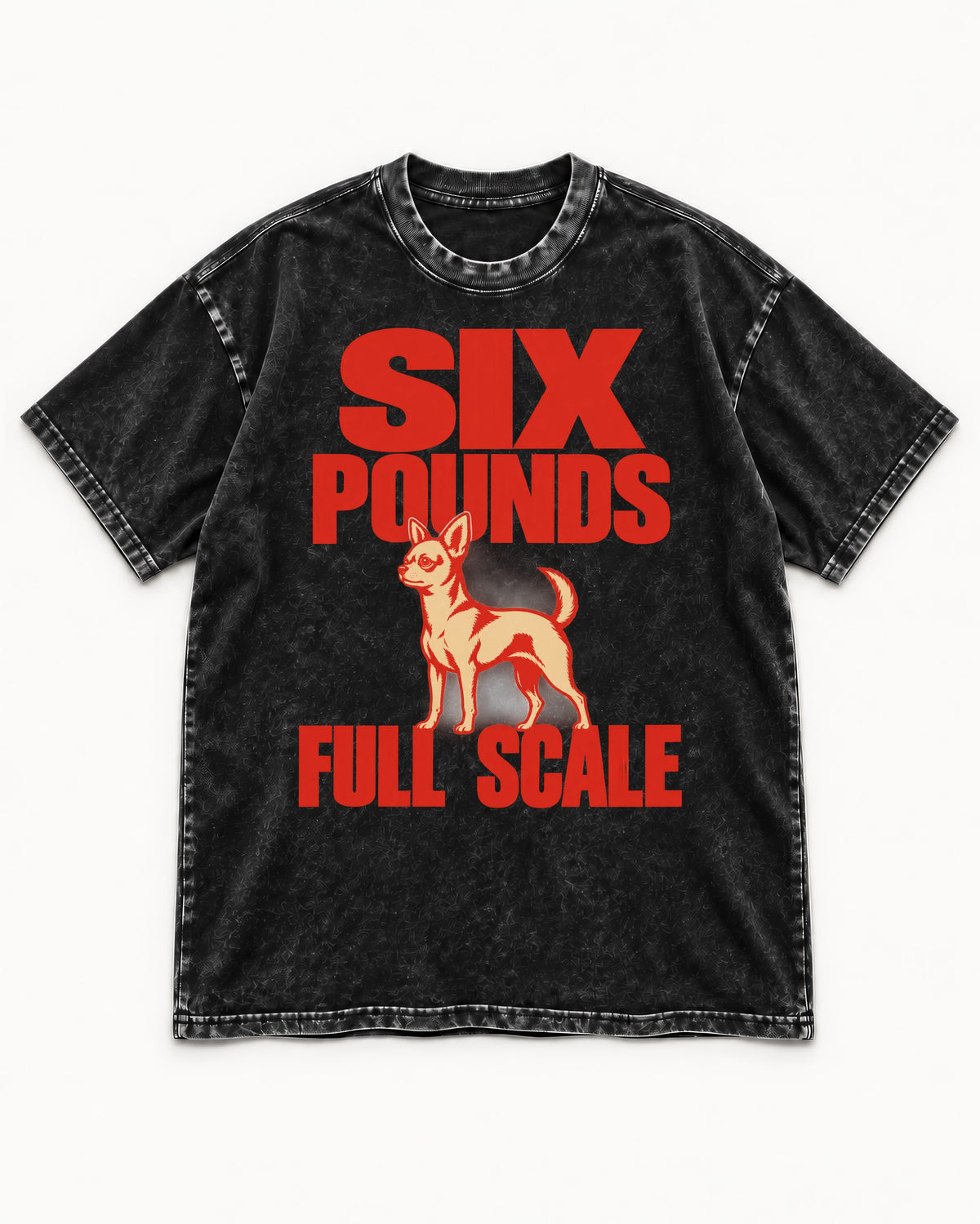 Chihuahua Six Pounds Full Scale Typographic Graphic Washed Tee in Black, flat lay product photo