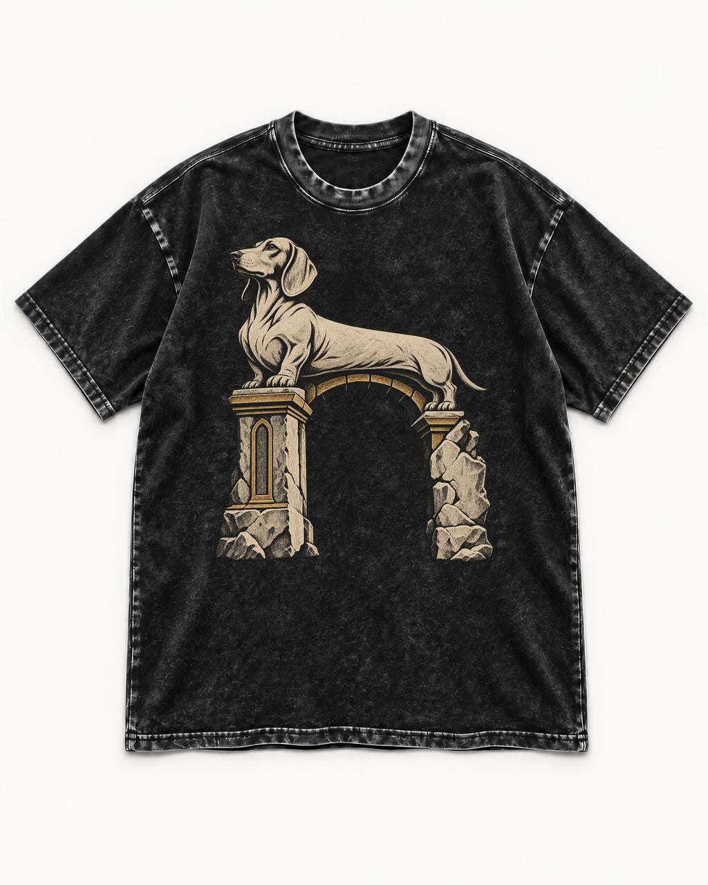Dachshund Ruined Stone Arch Monument Graphic Washed Tee in Black, flat lay product photo