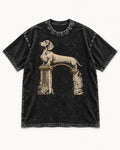 Dachshund Ruined Stone Arch Monument Graphic Washed Tee in Black, flat lay product photo