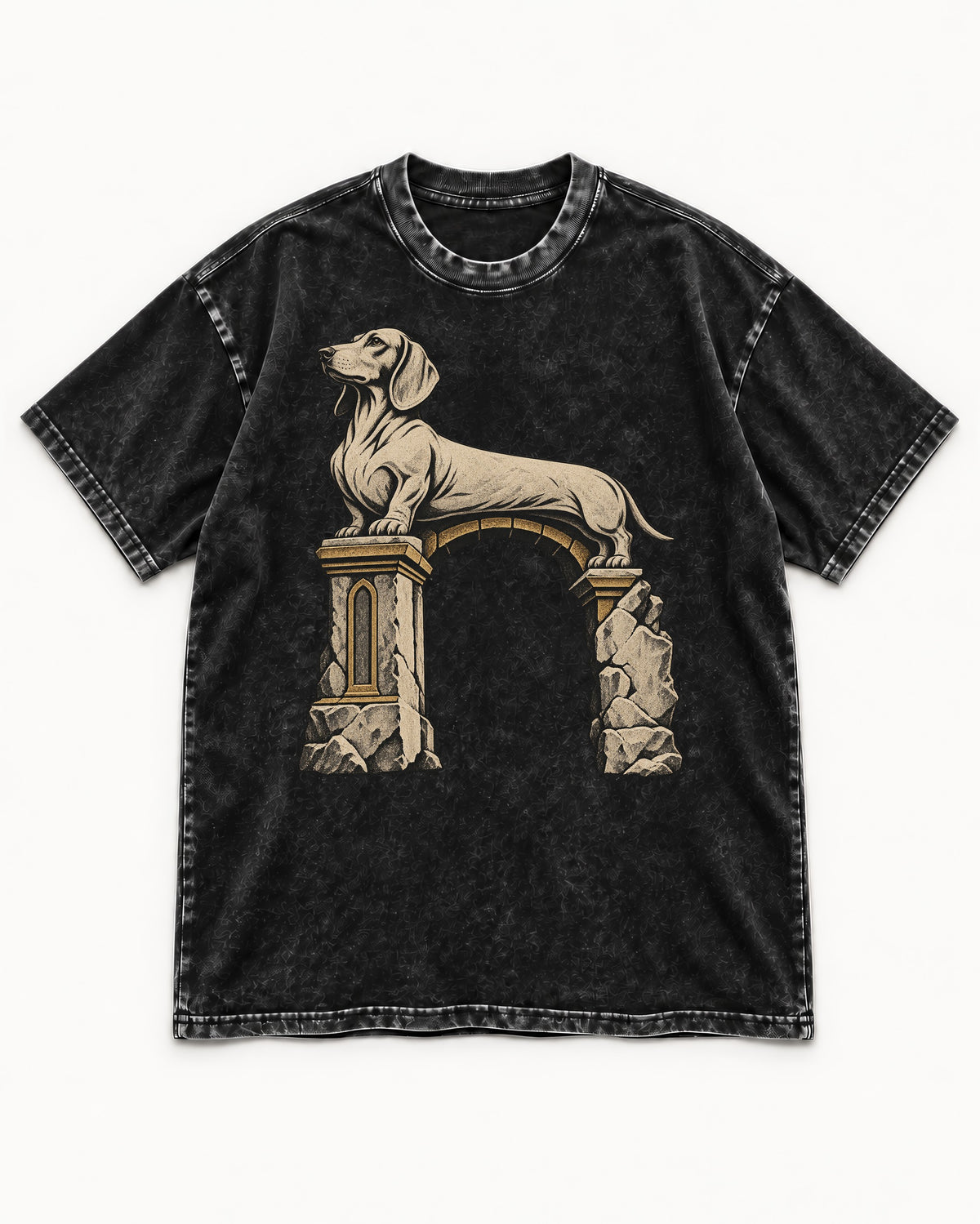 Dachshund Ruined Stone Arch Monument Graphic Washed Tee in Black, flat lay product photo