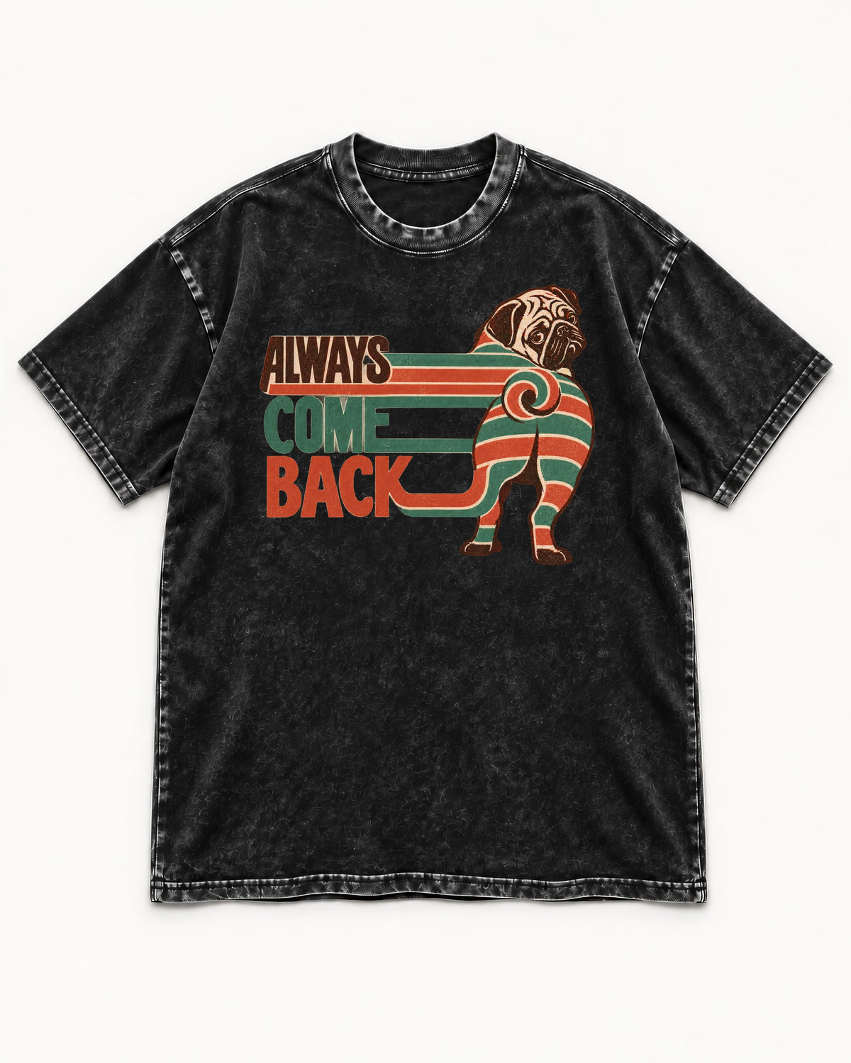 Pug Always Come Back Striped Body Graphic Washed Tee in Black, flat lay product photo