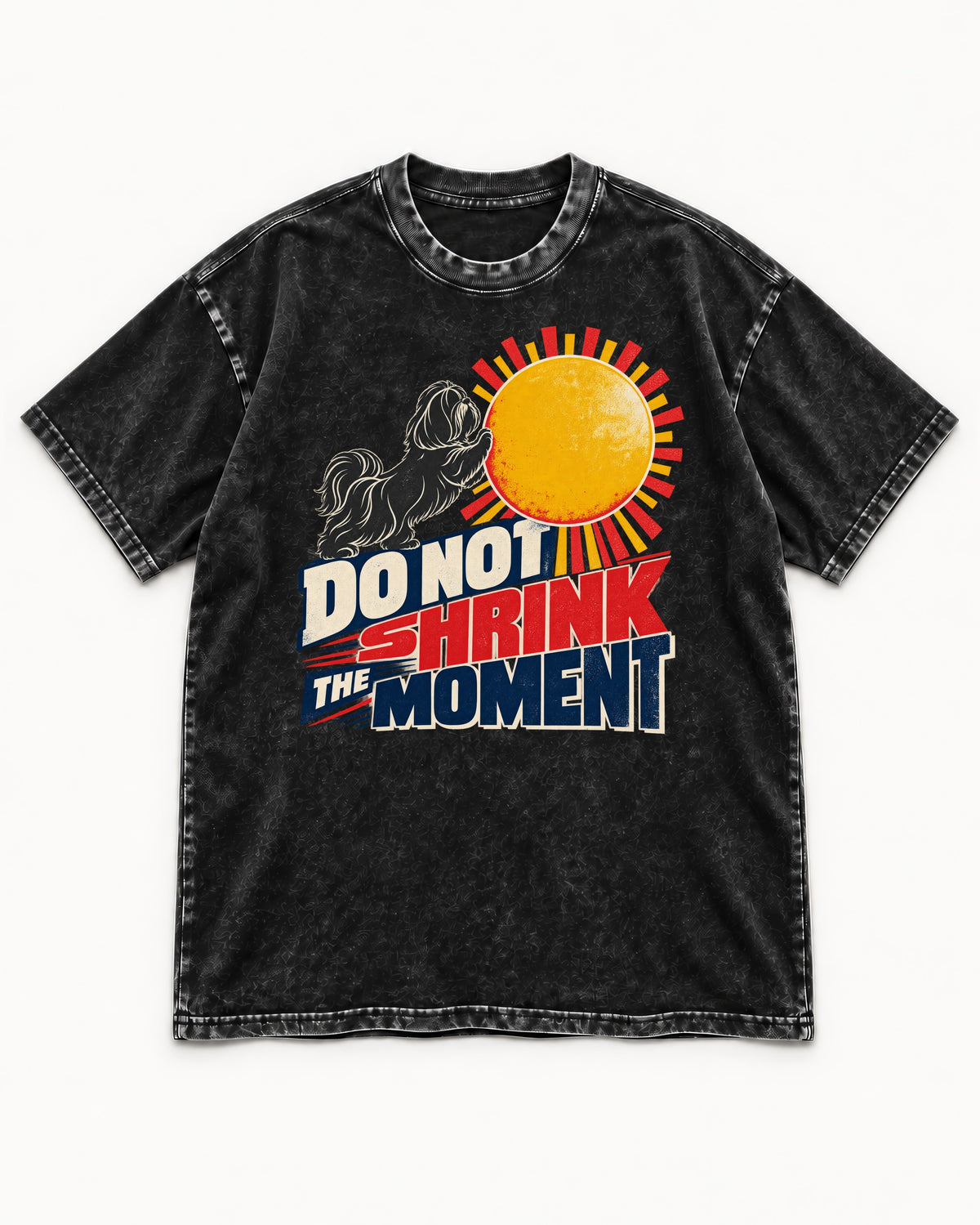 Shih Tzu Do Not Shrink the Moment Sun Graphic Washed Tee in Black, flat lay product photo