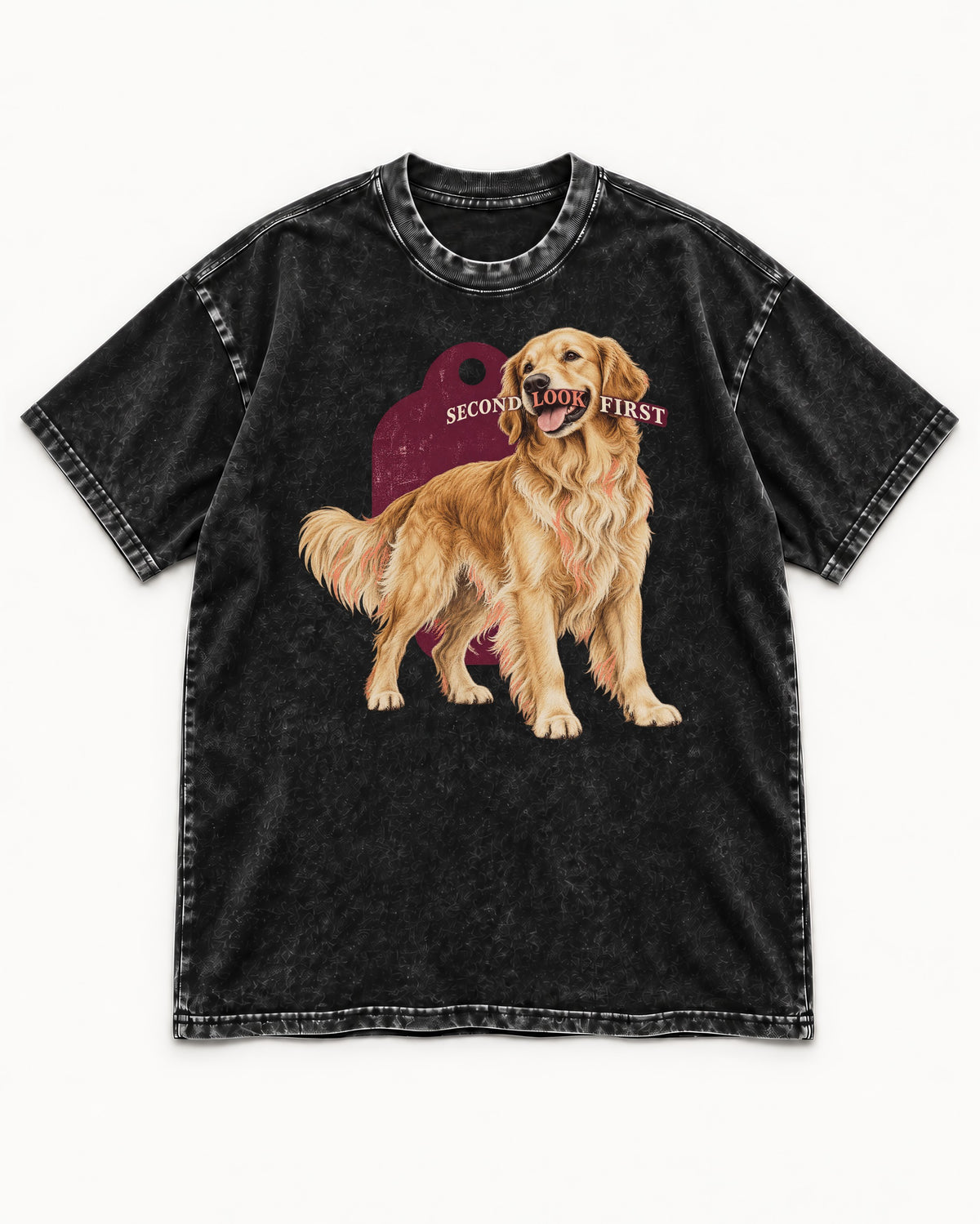 Golden Retriever Second Look First Tag Portrait Graphic Washed Tee in Black, flat lay product photo