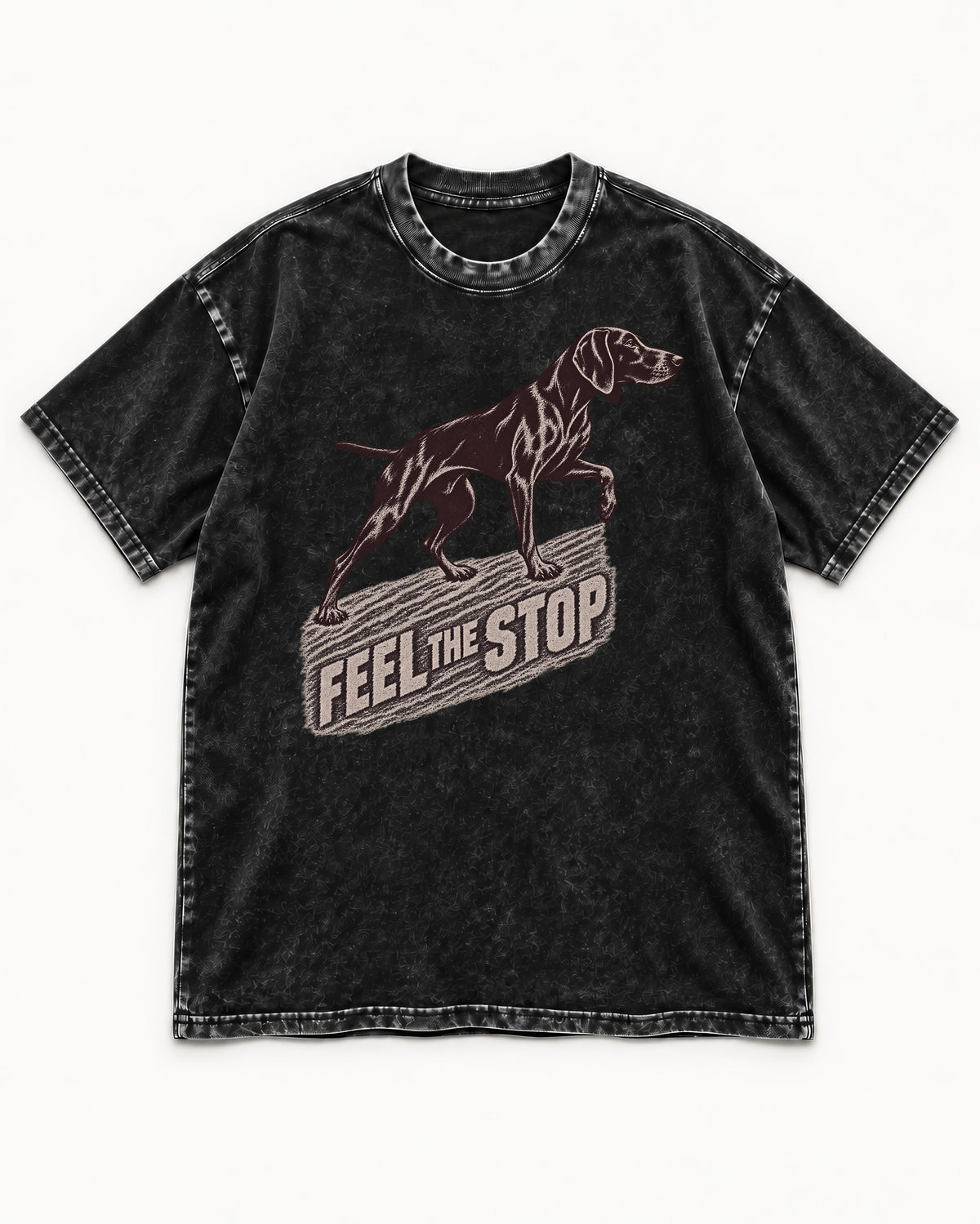 German Shorthaired Pointer Feel The Stop Frottage Graphic Washed Tee in Black, flat lay product photo