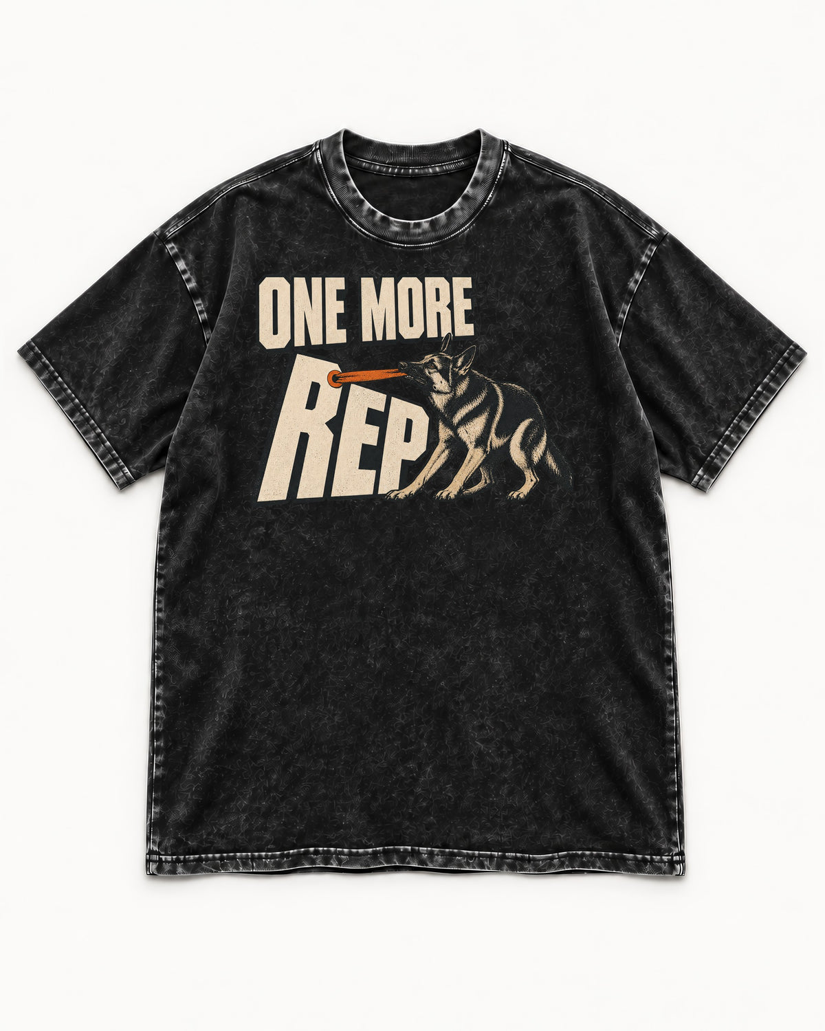 One More Rep Tug German Shepherd Dog Graphic Washed Tee in Black, flat lay product photo