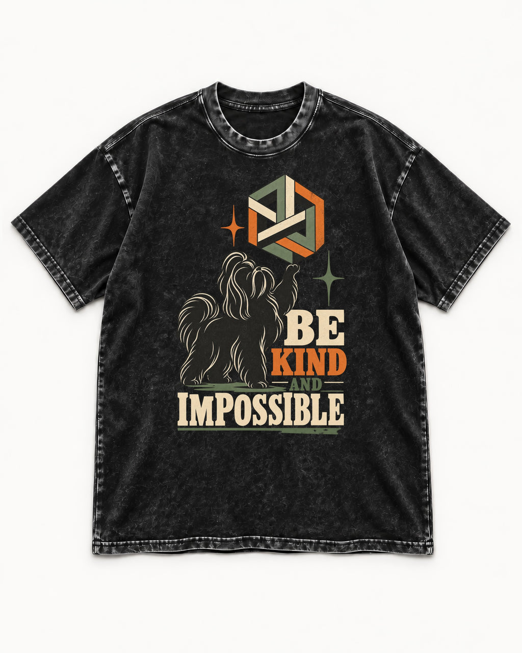 Shih Tzu Be Kind and Impossible Geometric Cube Graphic Washed Tee in Black, flat lay product photo