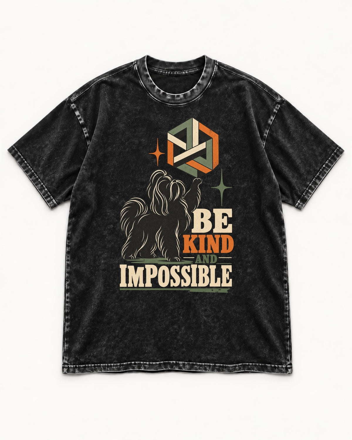 Shih Tzu Be Kind and Impossible Geometric Cube Graphic Washed Tee in Black, flat lay product photo