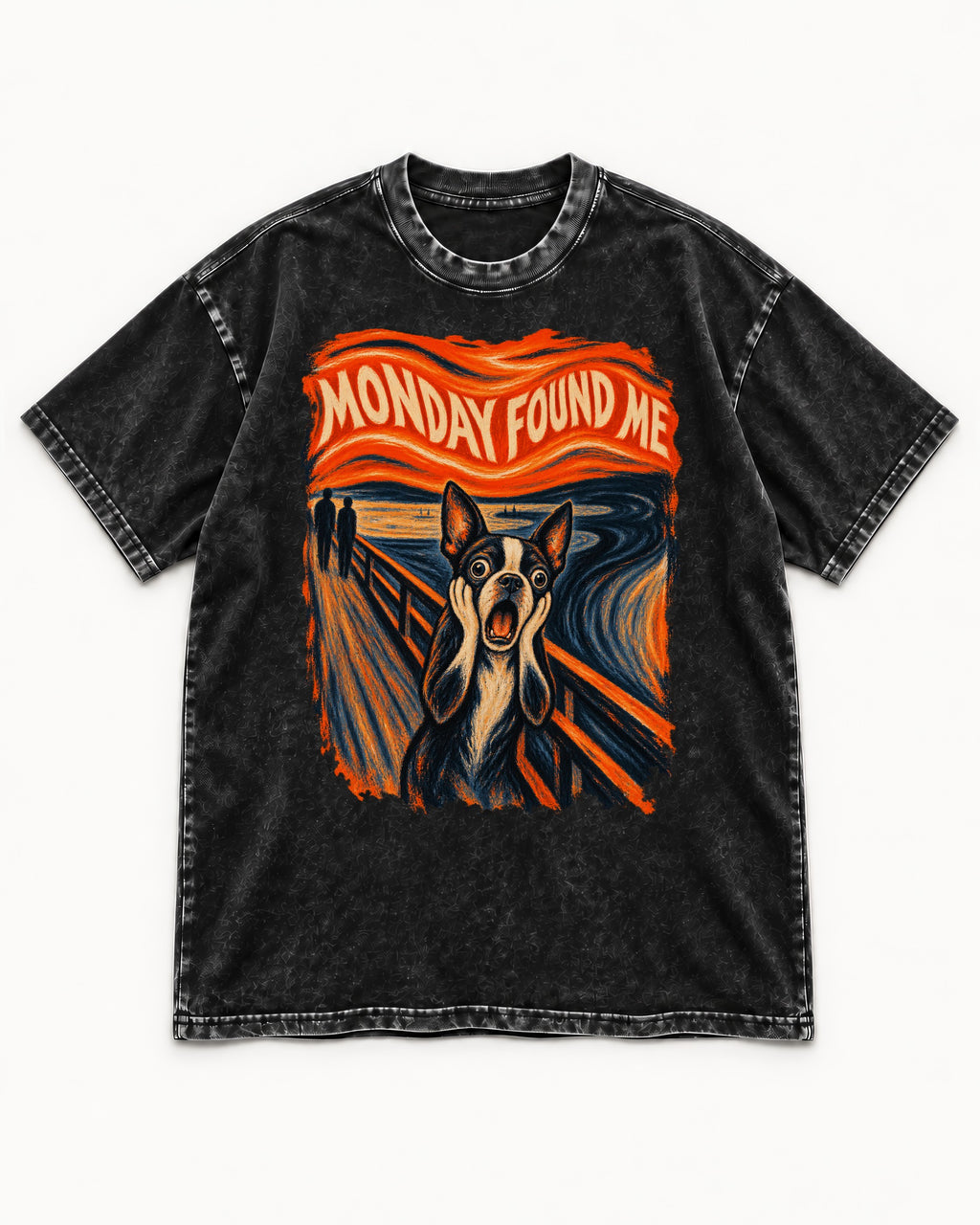 Monday Found Me Boston Terrier Scream Graphic Washed Tee in Black, flat lay product photo