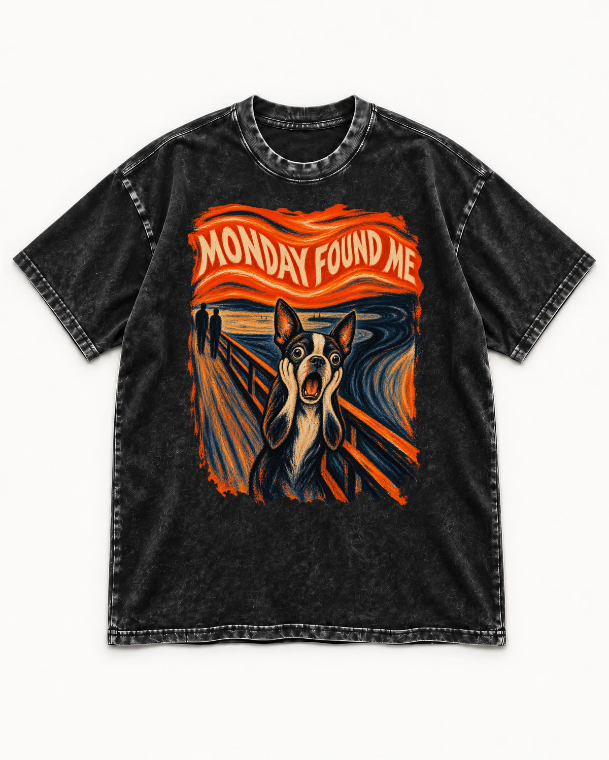 Monday Found Me Boston Terrier Scream Graphic Washed Tee in Black, flat lay product photo