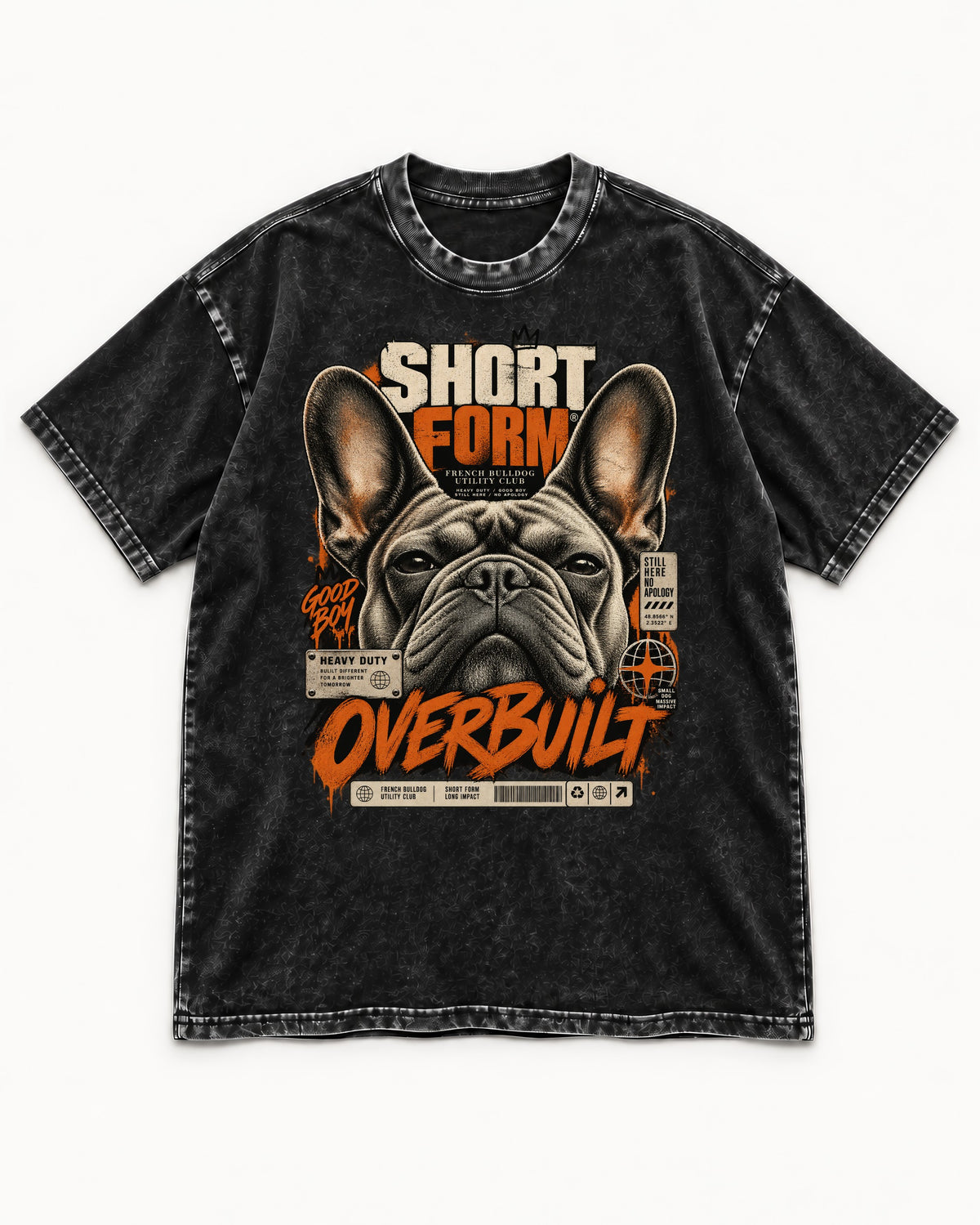 Frenchie Short Form Overbuilt Utility Club Poster Graphic Washed Tee in Black, flat lay product photo