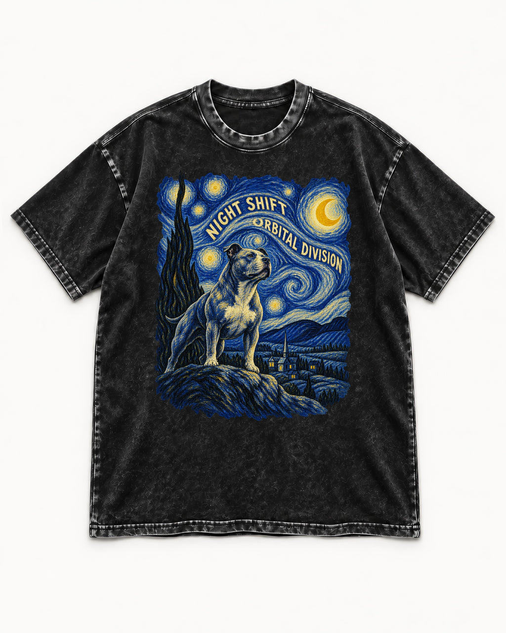 Pitbull Night Shift Orbital Division Starry Night Graphic Washed Tee in Black, flat lay product photo