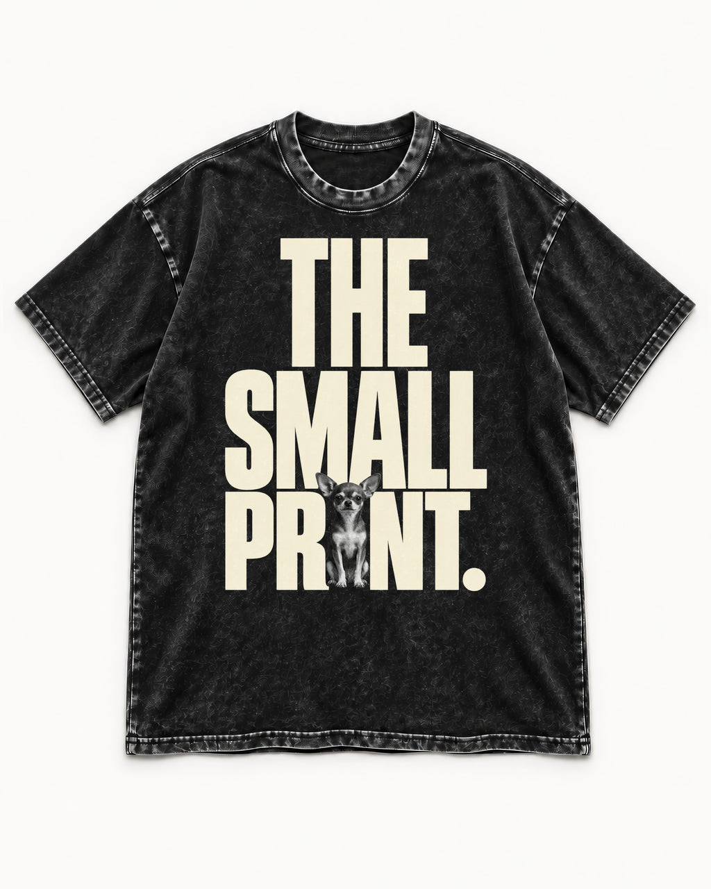 Chihuahua The Small Print Typographic Portrait Washed Tee in Black, flat lay product photo