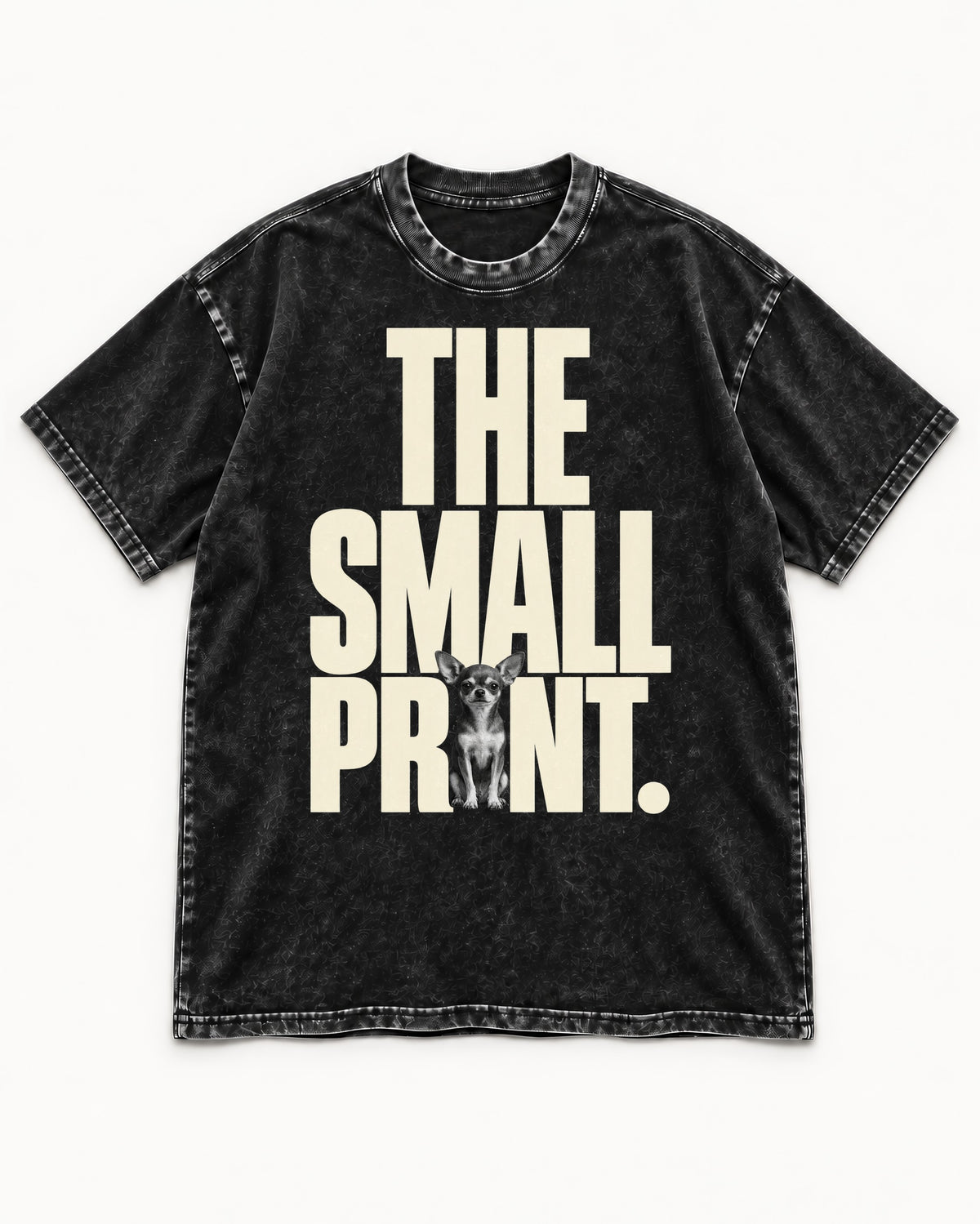 Chihuahua The Small Print Typographic Portrait Washed Tee in Black, flat lay product photo