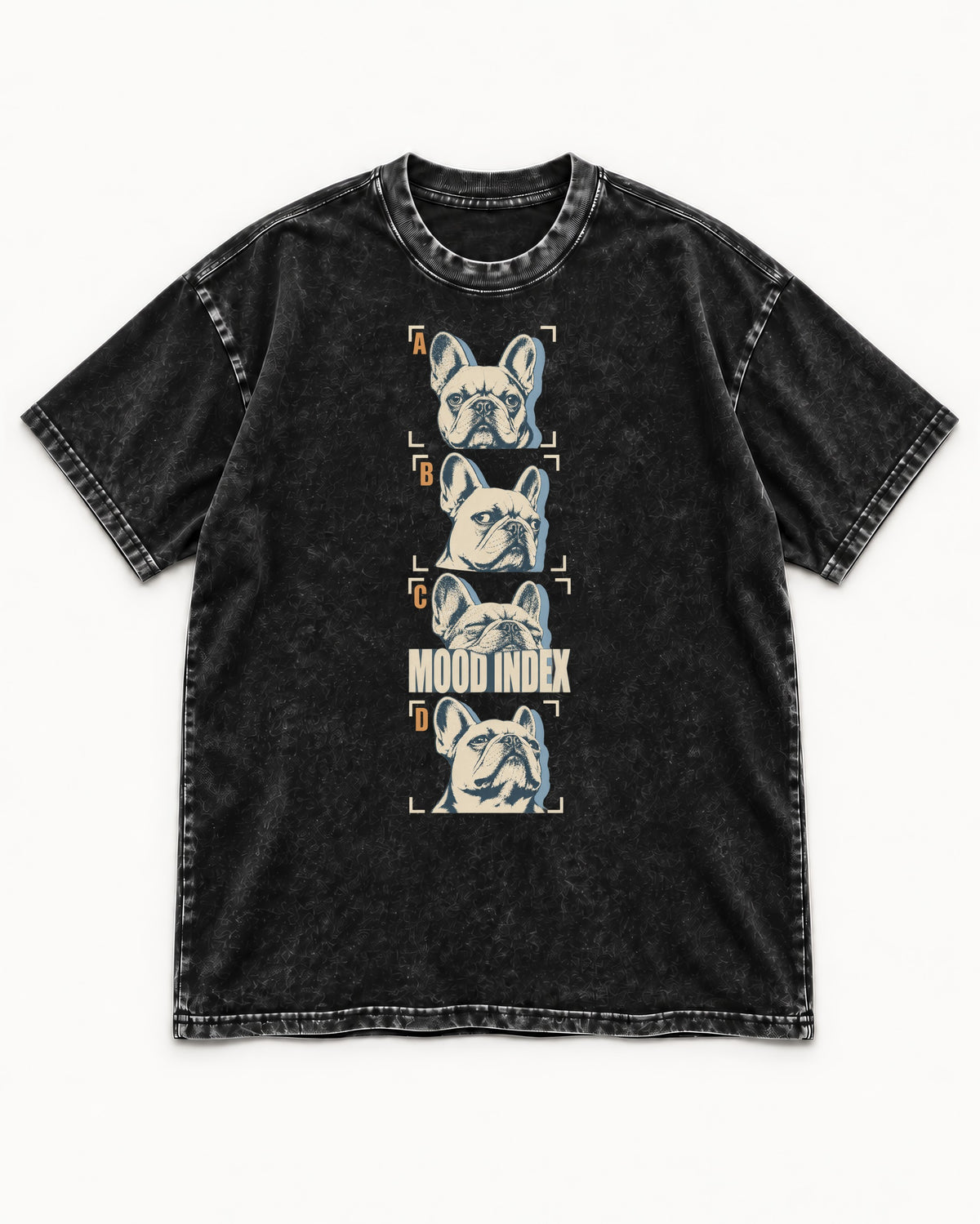 Frenchie Mood Index Four-Panel Strip Graphic Washed Tee in Black, flat lay product photo