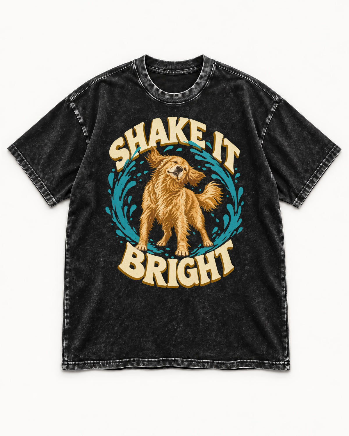 Golden Retriever Shake It Bright Water Ring Graphic Washed Tee in Black, flat lay product photo