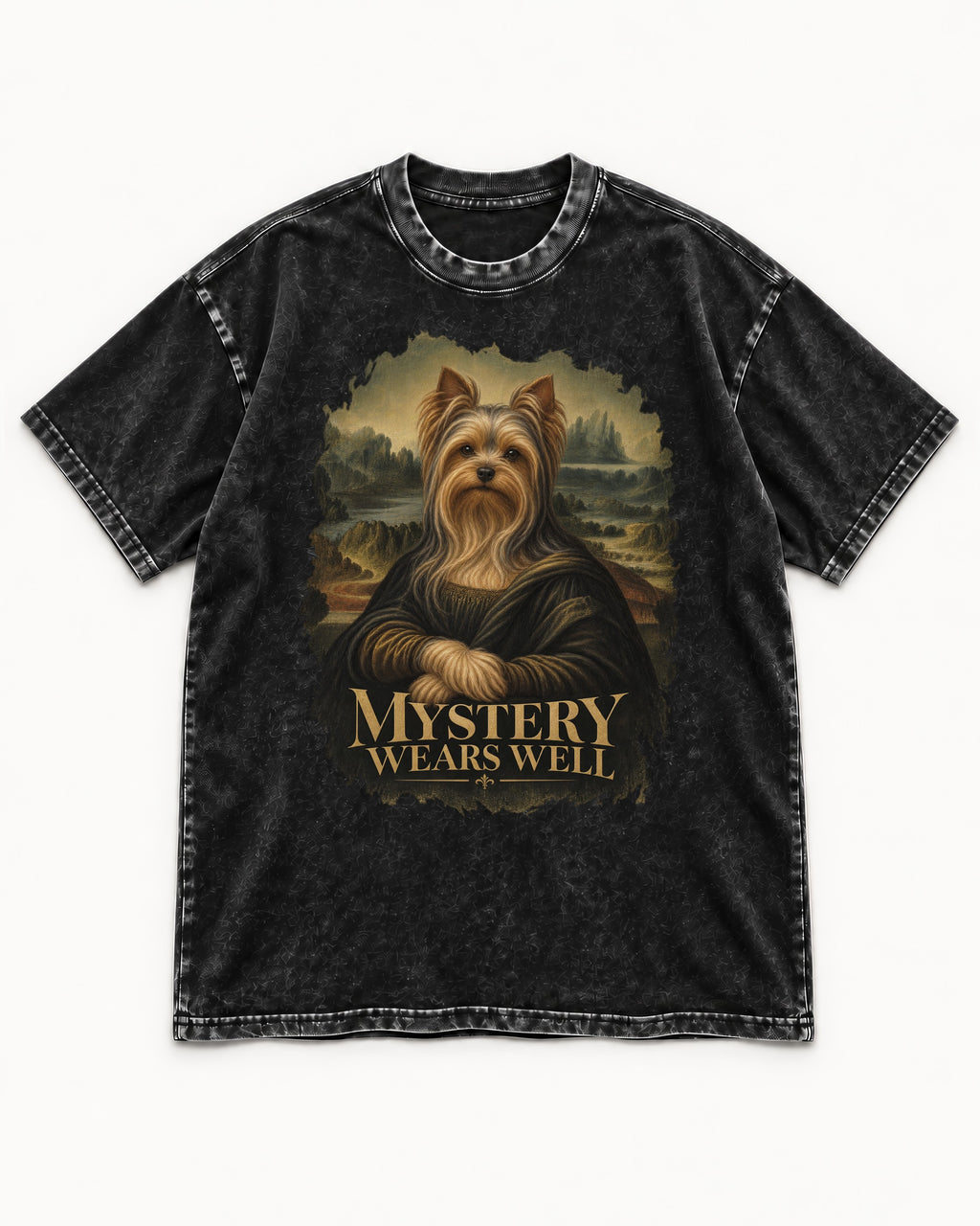 Yorkshire Terrier Mystery Wears Well Mona Lisa Portrait Graphic Washed Tee in Black, flat lay product photo