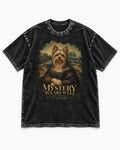Yorkshire Terrier Mystery Wears Well Mona Lisa Portrait Graphic Washed Tee in Black, flat lay product photo
