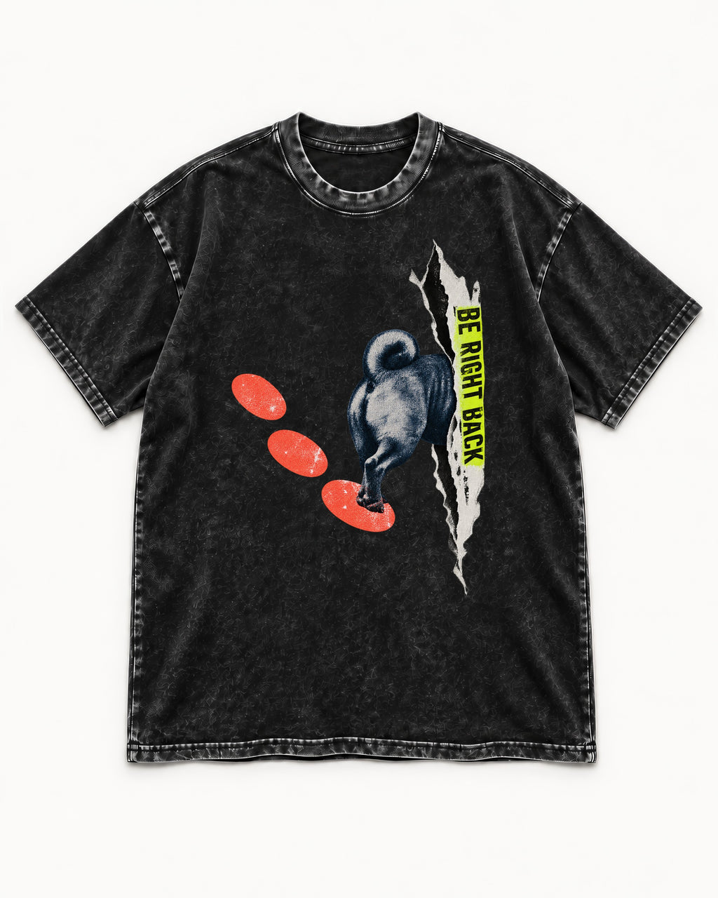 Pug Be Right Back Torn Portal Graphic Washed Tee in Black, flat lay product photo