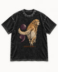 Golden Retriever Not Quite Finished Semicolon Graphic Washed Tee in Black, flat lay product photo
