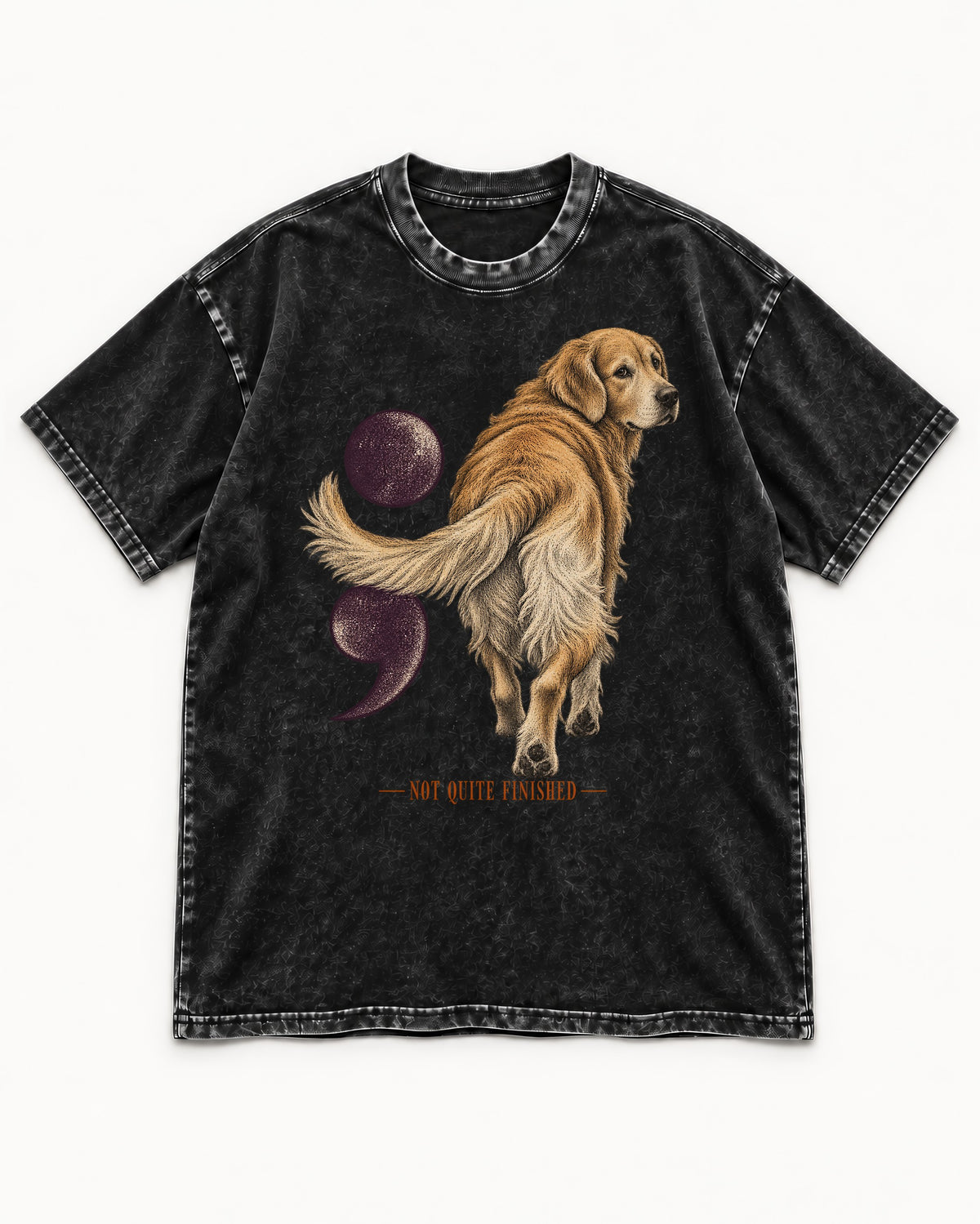 Golden Retriever Not Quite Finished Semicolon Graphic Washed Tee in Black, flat lay product photo