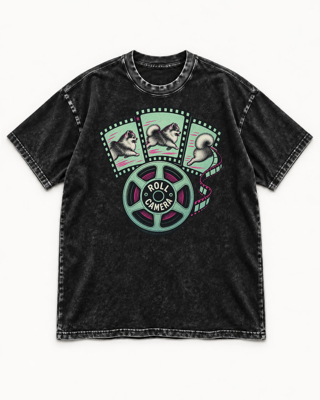 Pomeranian Roll Camera Film Reel Graphic Washed Tee in Black, flat lay product photo