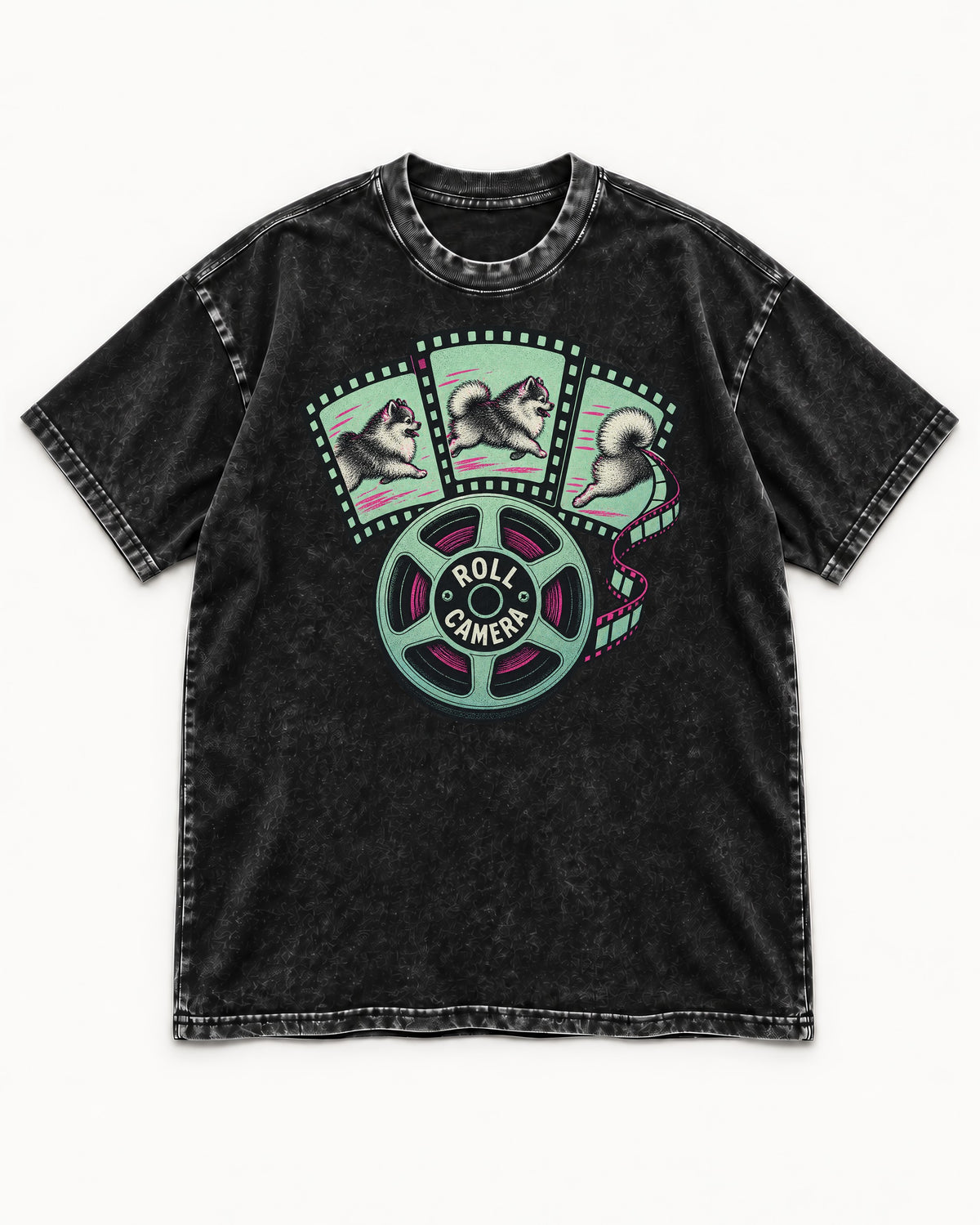Pomeranian Roll Camera Film Reel Graphic Washed Tee in Black, flat lay product photo