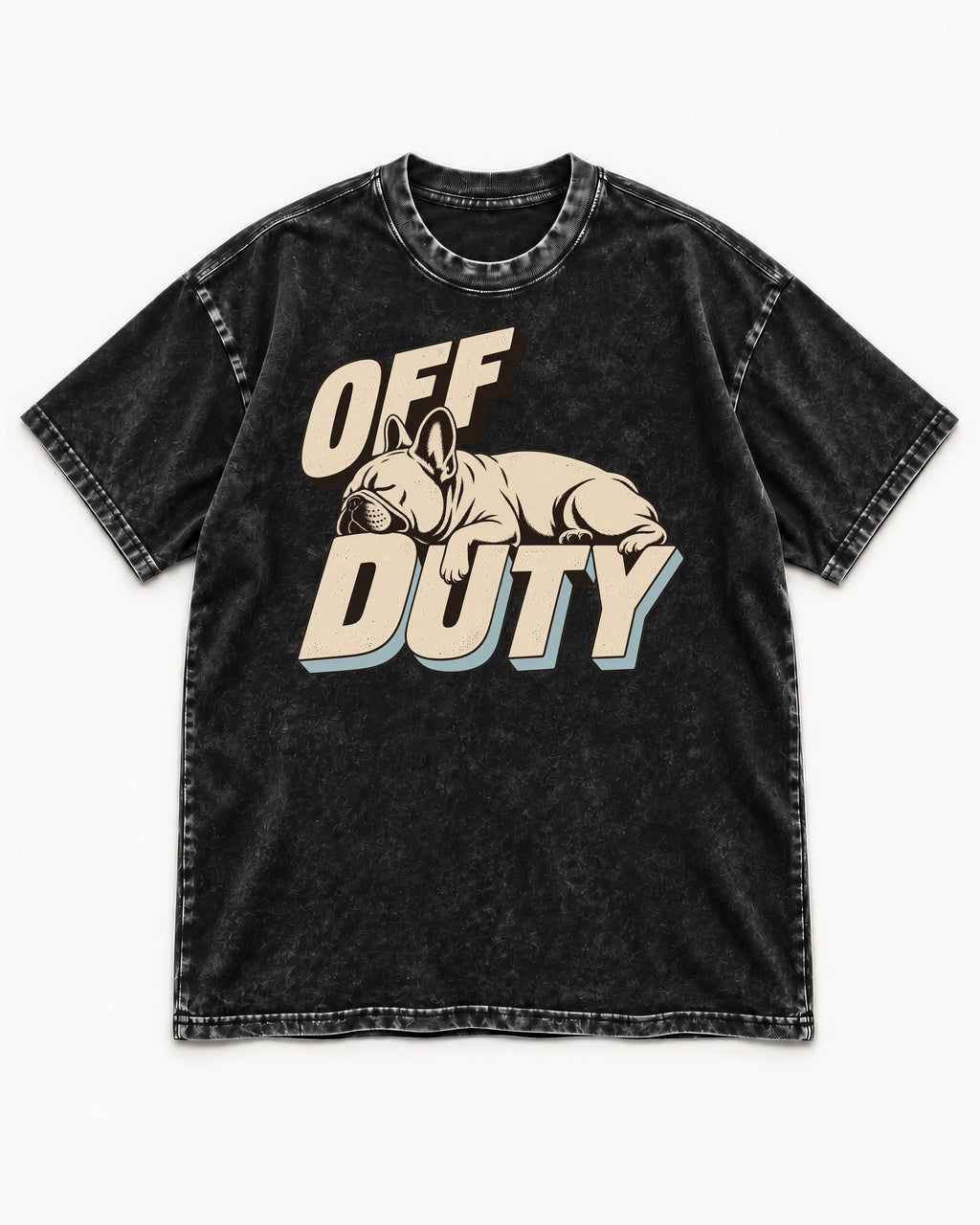 Frenchie Off Duty Sleeping Type Graphic Washed Tee in Black, flat lay product photo
