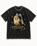 Pomeranian Quiet Luxury Loud Eyes Pearl Portrait Graphic Washed Tee in Black, flat lay product photo