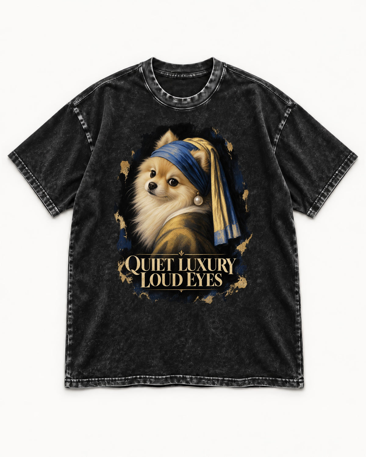 Pomeranian Quiet Luxury Loud Eyes Pearl Portrait Graphic Washed Tee in Black, flat lay product photo