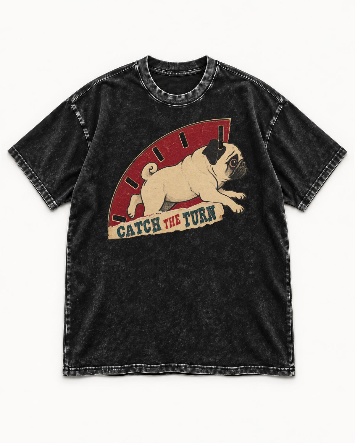 Pug Catch the Turn Track Graphic Washed Tee in Black, flat lay product photo