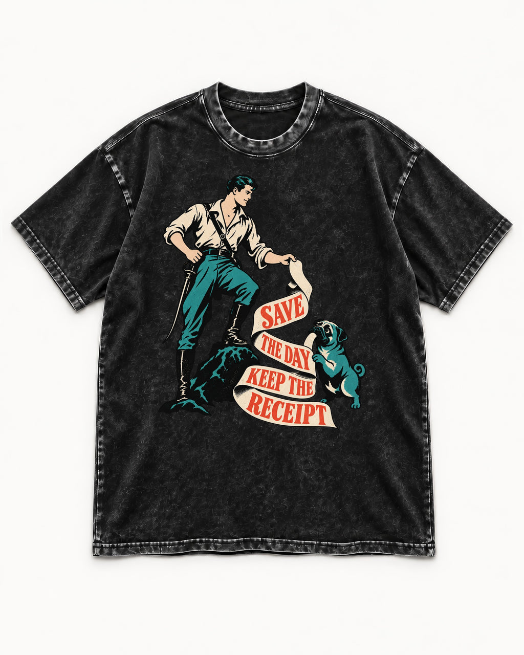 Pug Save the Day Keep the Receipt Hero Graphic Washed Tee in Black, flat lay product photo
