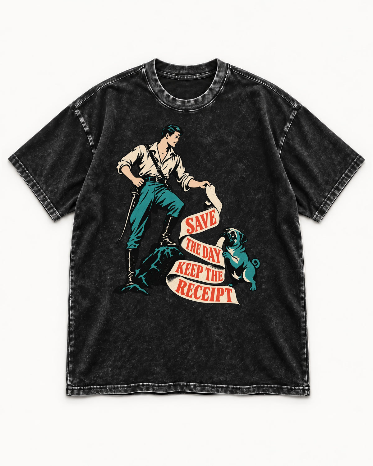 Pug Save the Day Keep the Receipt Hero Graphic Washed Tee in Black, flat lay product photo