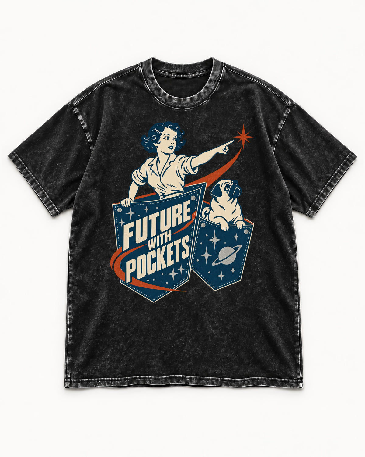 Pug Future with Pockets Space Pocket Graphic Washed Tee in Black, flat lay product photo