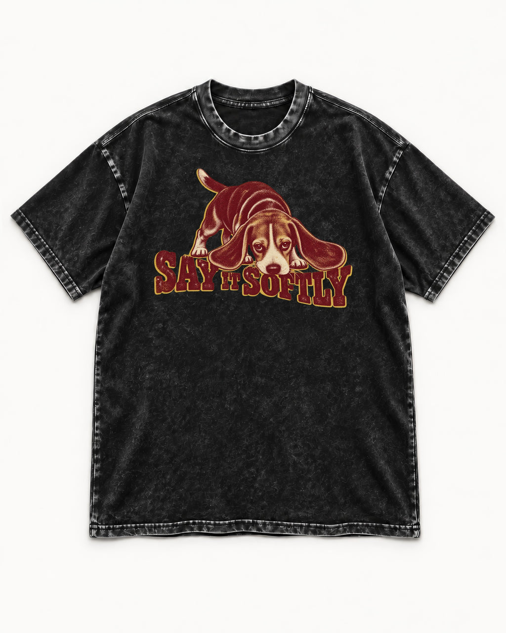 Beagle Say It Softly Washed Tee in Black, flat lay product photo