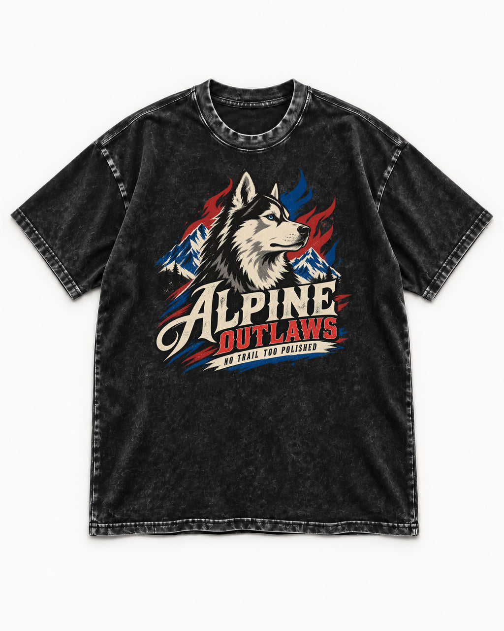 Husky Alpine Outlaws No Trail Too Polished Graphic Washed Tee in Black, flat lay product photo