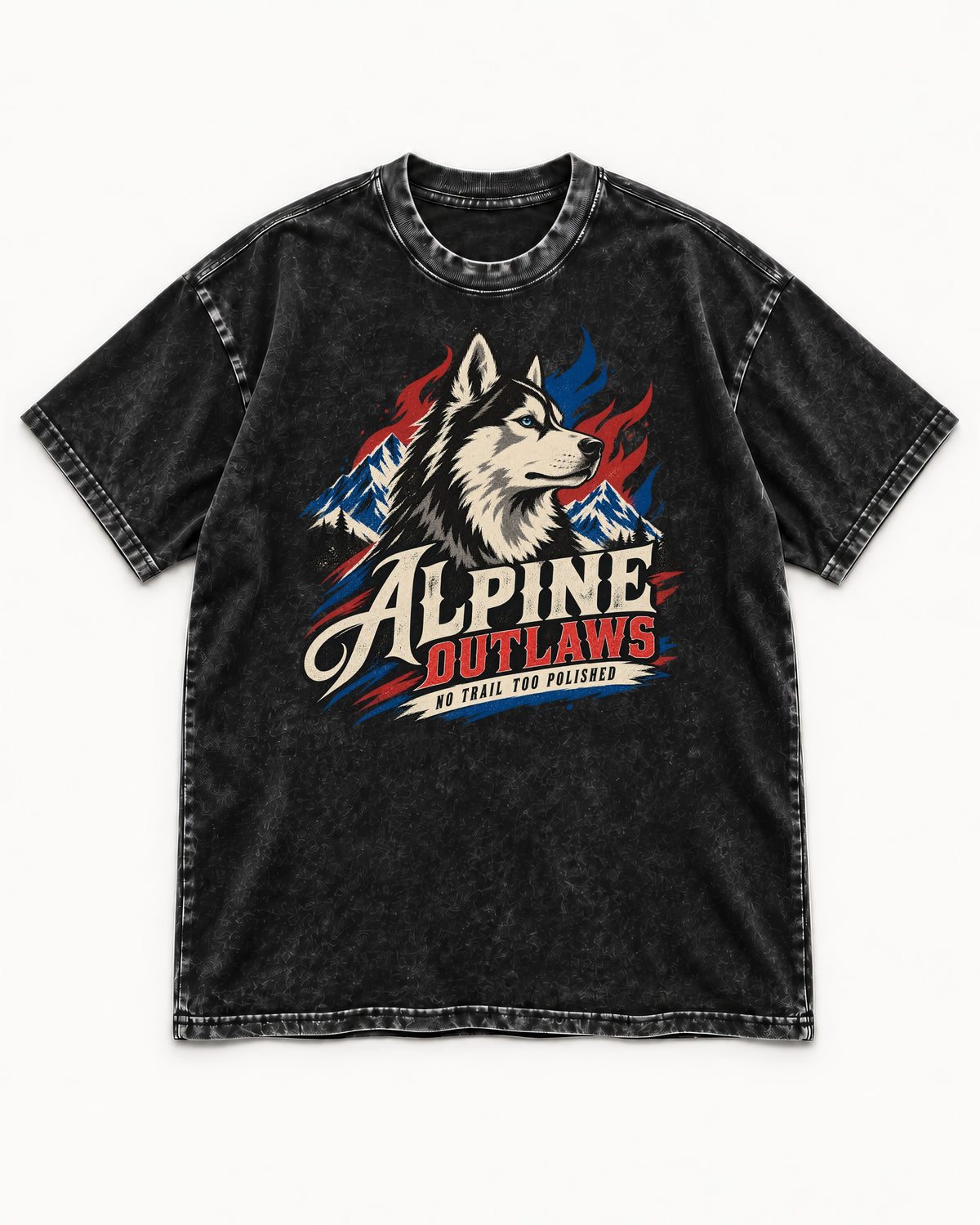 Husky Alpine Outlaws No Trail Too Polished Graphic Washed Tee in Black, flat lay product photo