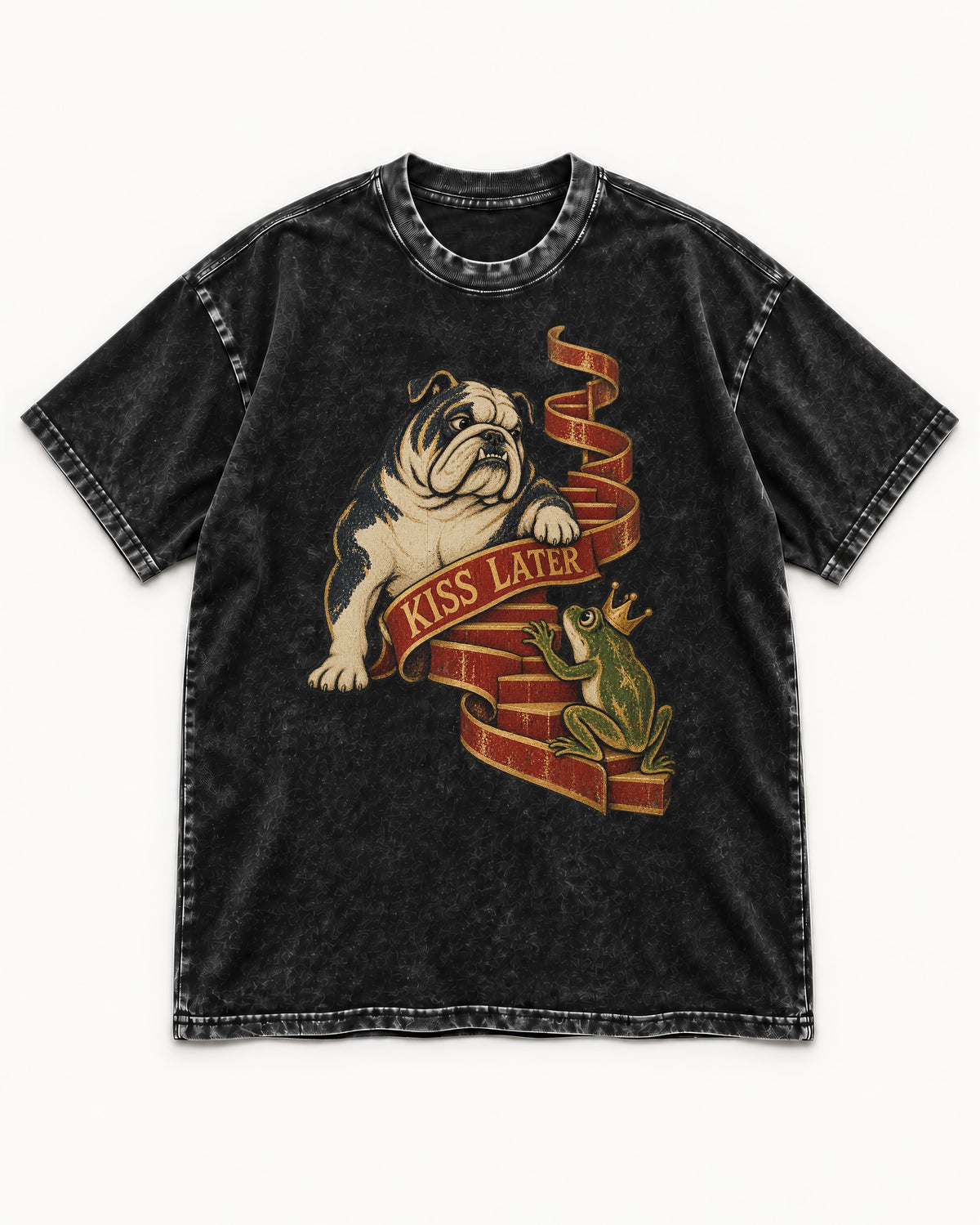 English Bulldog Kiss Later Frog Prince Graphic Washed Tee in Black, flat lay product photo
