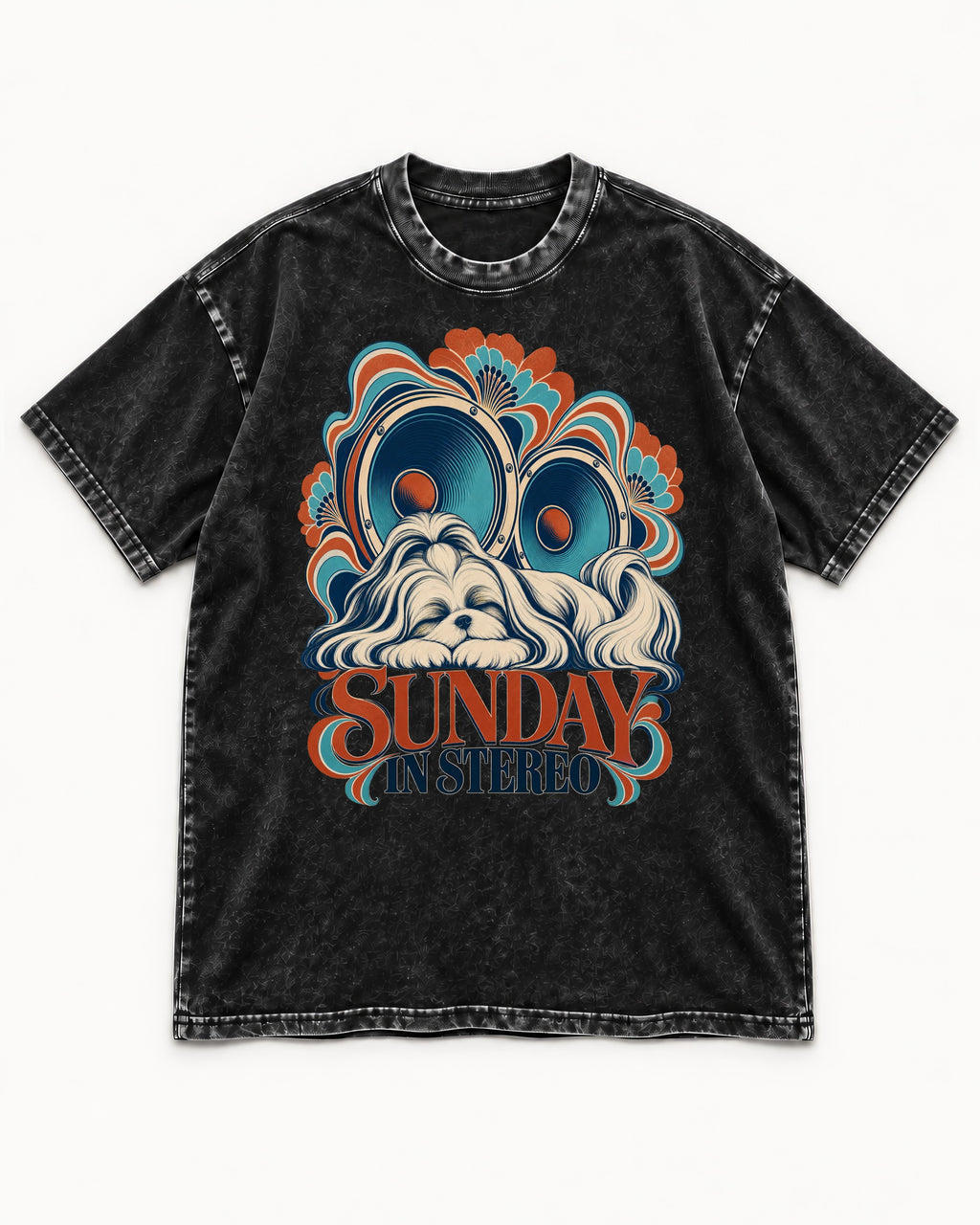 Shih Tzu Sunday in Stereo Retro Speaker Graphic Washed Tee in Black, flat lay product photo