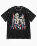 Shih Tzu Short Kingdom Art Deco Skyline Graphic Washed Tee in Black, flat lay product photo