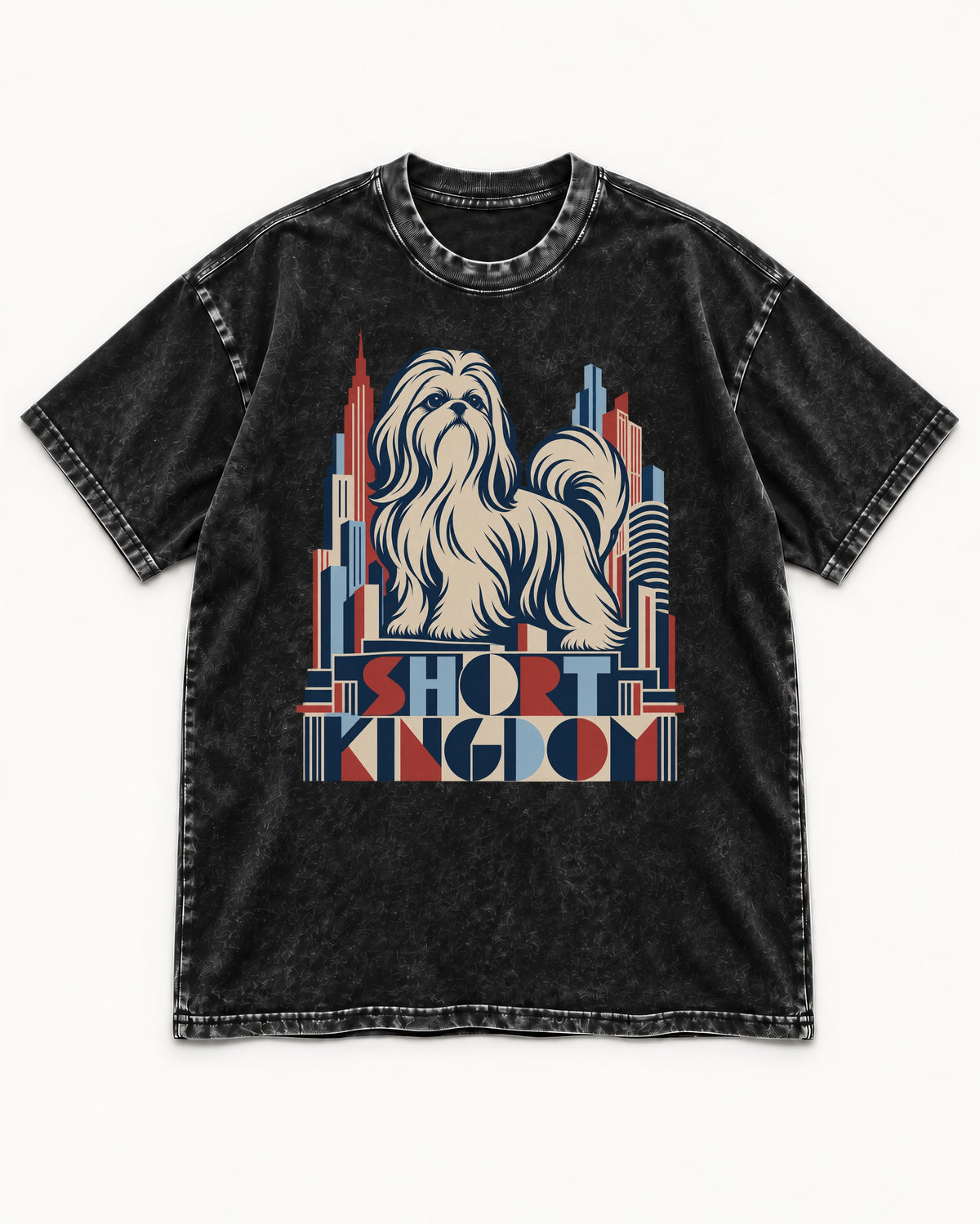 Shih Tzu Short Kingdom Art Deco Skyline Graphic Washed Tee in Black, flat lay product photo